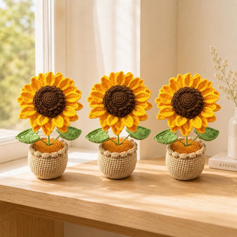 Crochet Sunflower Pot | Handmade Yarn Flower Gift | Cute Desk Decor for Her | Mini Crochet Plant