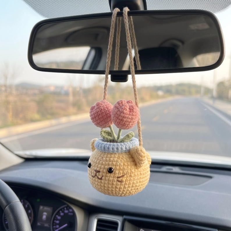 Crochet Animal Plant Car Hanging, Handmade Rearview Mirror Charm