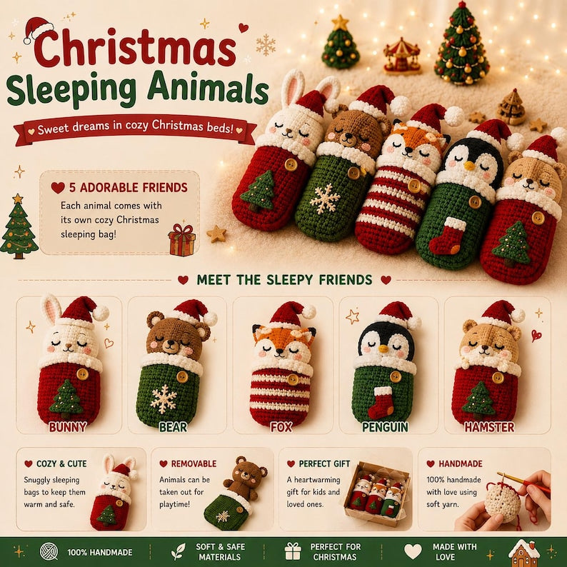 Crochet Christmas Sleeping Animals, Handmade Amigurumi Plush, Xmas Animal Doll, Cozy Sleeping Bag Toy, Holiday Gift for Kids