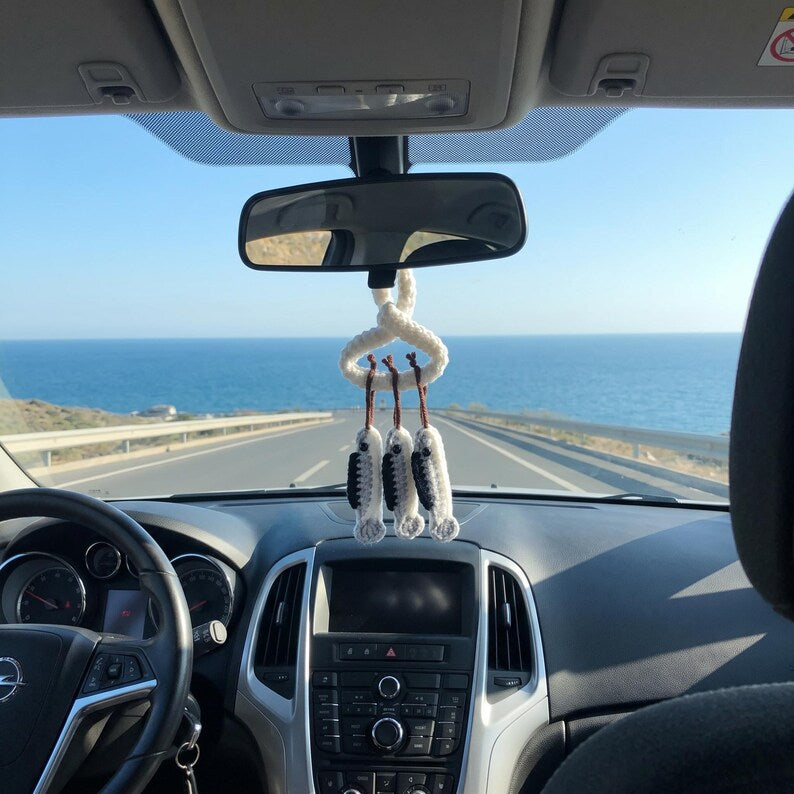 Handmade Boho Fish Skeleton Crochet Car Mirror Charms Set of 3
