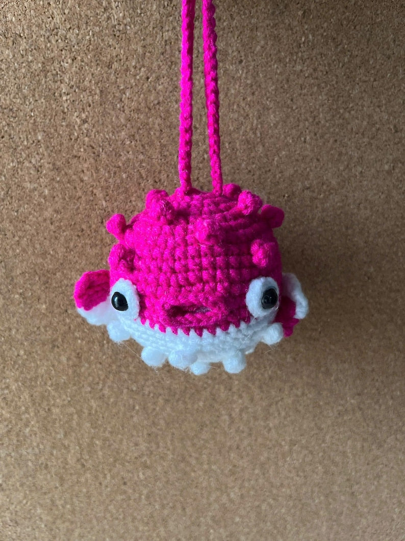 Hot Pink Kawaii Pufferfish Crochet Keychain Handmade Amigurumi Gift