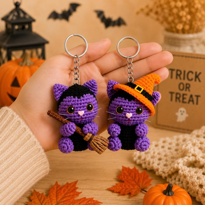 Crochet Purple Cat Keychain, Halloween Cat Car Charm, Witch Cat Plush, Pumpkin Cat Key Ring, Cute Handmade Gift, Spooky Decor