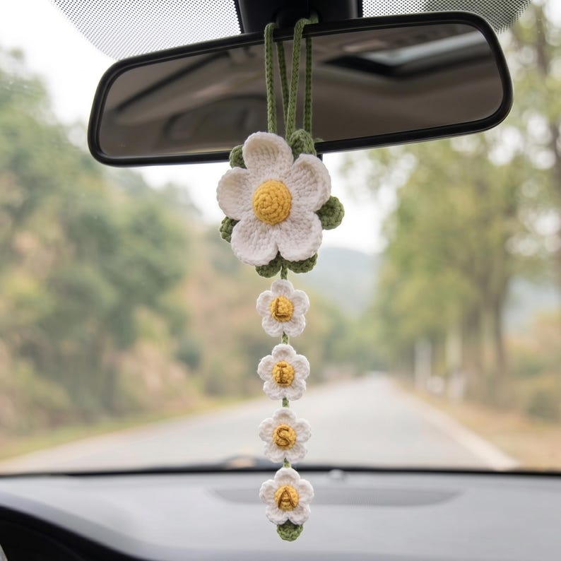 Personalized Daisy Crochet Car Hanging, Custom Name Rearview Mirror Charm