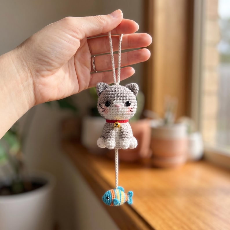 Crochet Cat Car Hanging, Handmade Kitty Rearview Mirror Charm