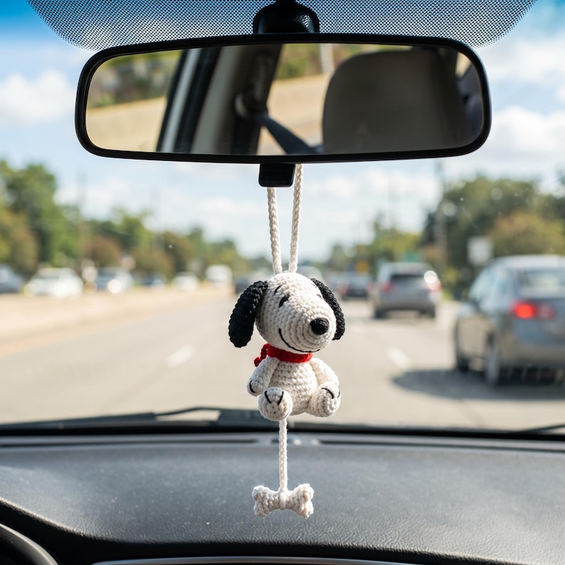 Handmade Crochet Snoopy Amigurumi Car Charm with Dangling Bone
