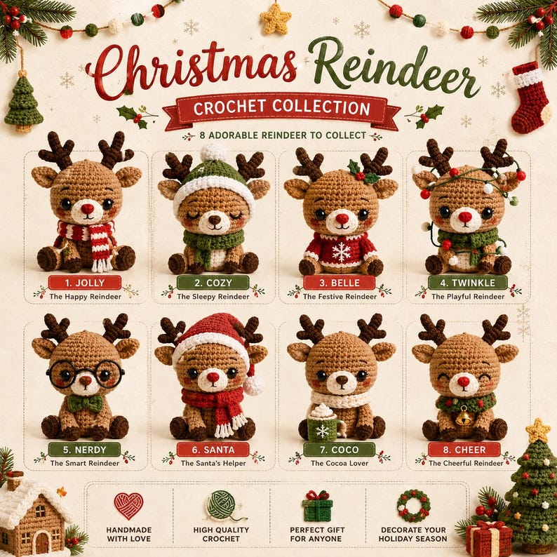 Christmas Reindeer Keychain, Crochet Deer Ornament, Amigurumi Bag Charm, Handmade Xmas Gift, Car Mirror Decor, Stocking Stuffer