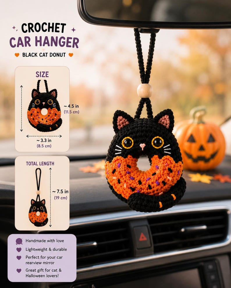 Crochet Black Cat Donut Keychain, Halloween Cat Keychain, Cute Cat Bag Charm, Crochet Car Hanger, Spooky Gift, Handmade Amigurumi