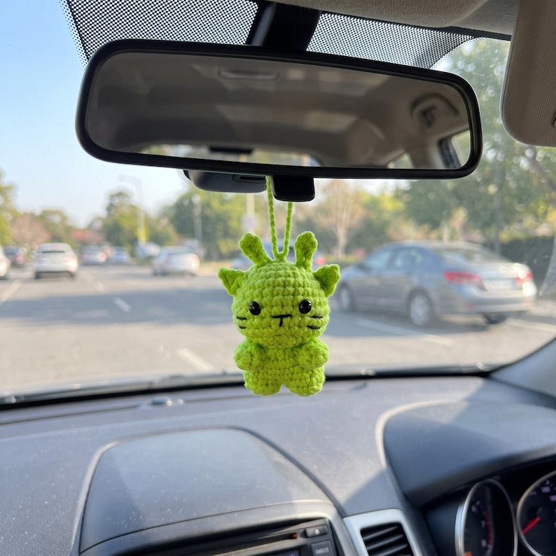 Handmade Lime Green Cat Crochet Car Charm Keychain