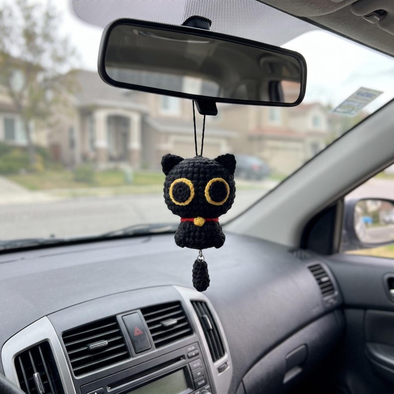 Handmade Crochet Cat Charm for Car Rearview Mirror