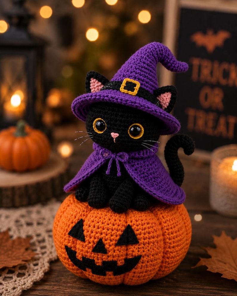 Crochet Black Cat Witch on Pumpkin, Halloween Crochet Decor, Black Cat Car Hanger, Witch Cat Keychain, Handmade Halloween Gift