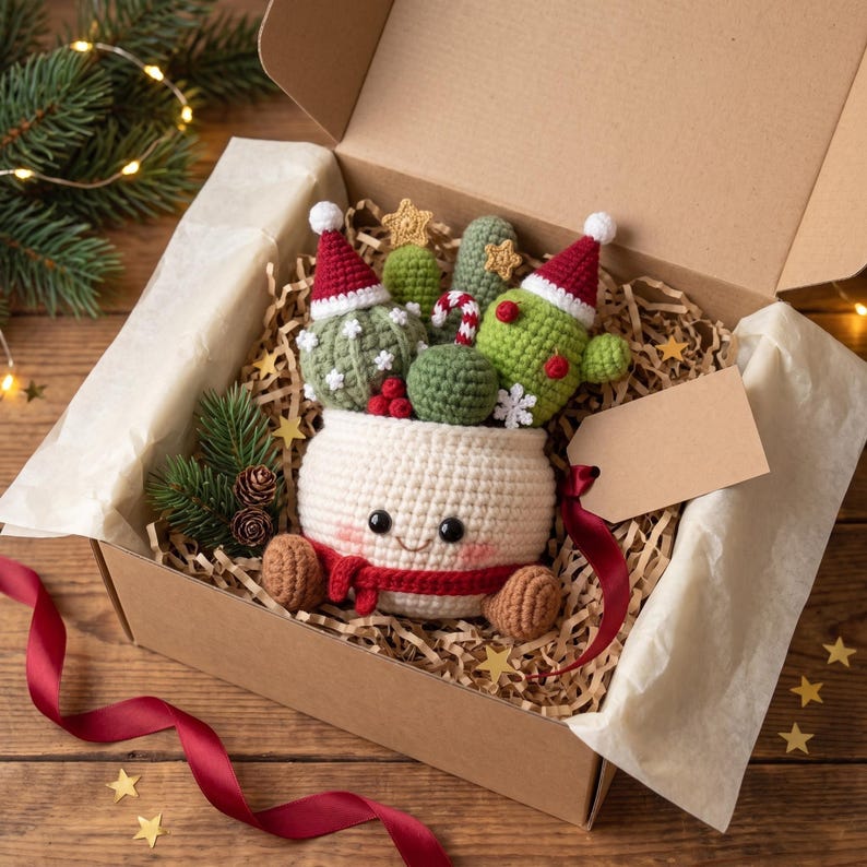 Christmas Cactus Crochet Pot, Cute Holiday Cactus Decor, Handmade Amigurumi Plant, Christmas Desk Decor, Plant Lover Gift