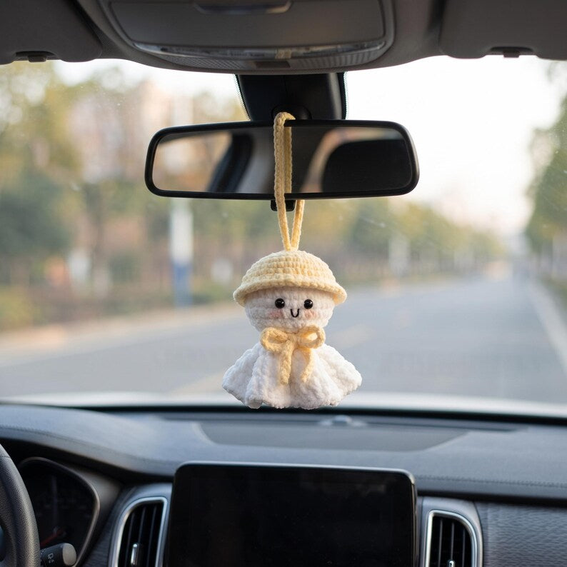 Handmade Kawaii Ghost Crochet Car Charm with Bucket Hat