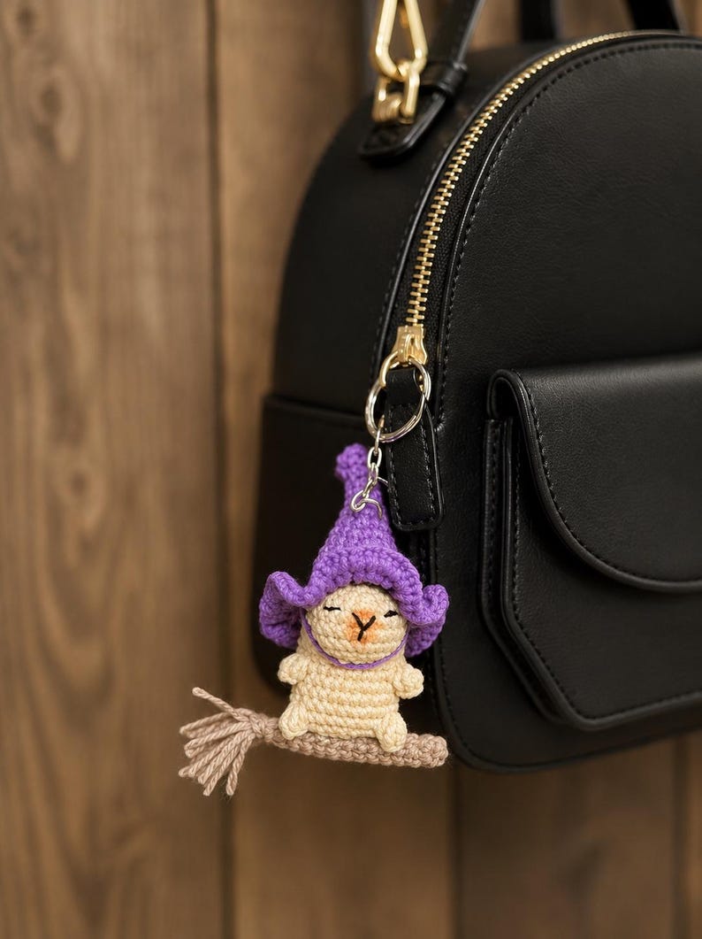 Crochet Capybara Witch Car Charm, Handmade Halloween Mirror Accessory, Cute Spooky Car Decor, Amigurumi Capybara Hanging, Halloween Gift