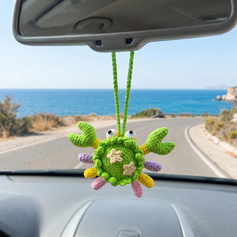 Handmade Kawaii Crochet Crab Rearview Mirror Charm for Car
