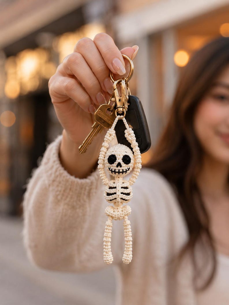 Crochet Skeleton Car Hanger, Skeleton Keychain, Halloween Front Door Hanger, Handmade Gothic Decor, Spooky Gift, Halloween Car Charm