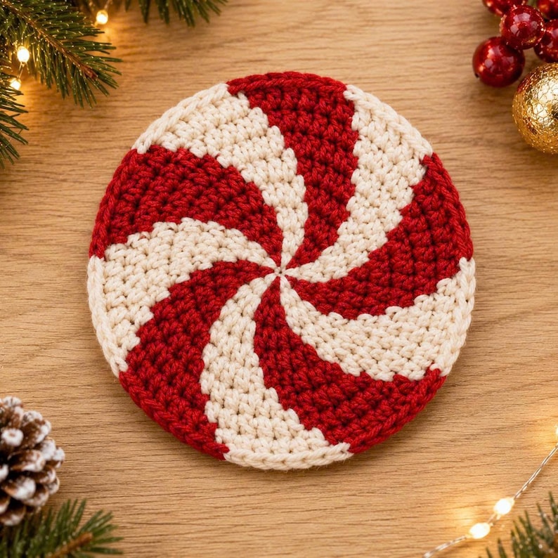 Crochet Christmas Coaster, Snowman Gingerbread Peppermint Mug Mat, Handmade Holiday Table Decor, Christmas Gift for Hostess