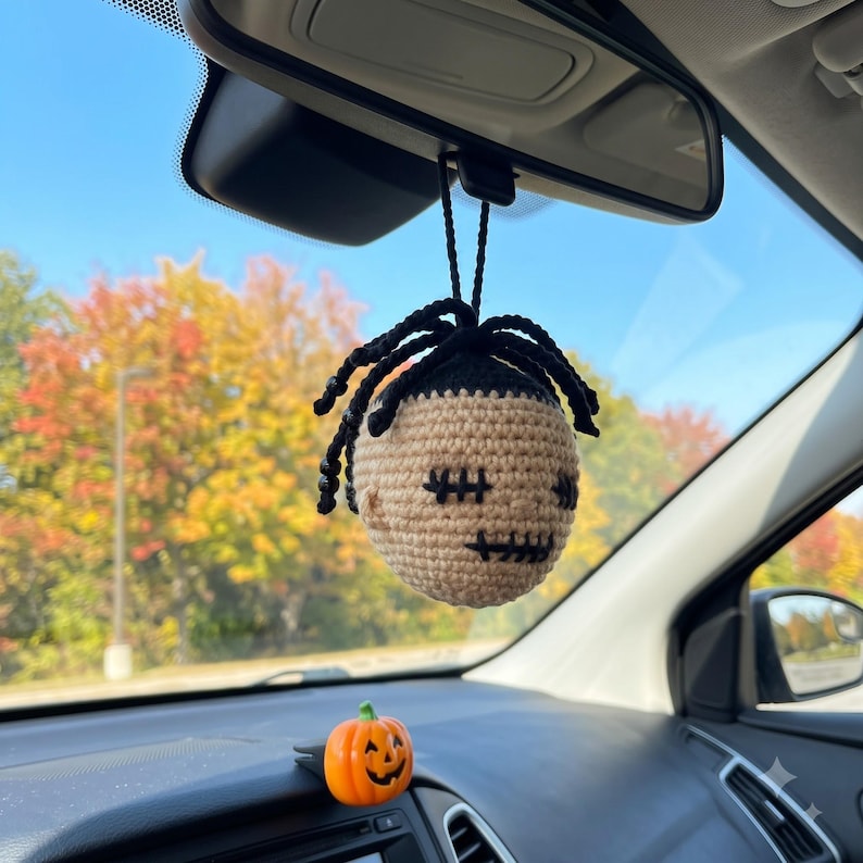 Crochet Halloween Car Hanging, Handmade Stitch Face Rearview Mirror Charm