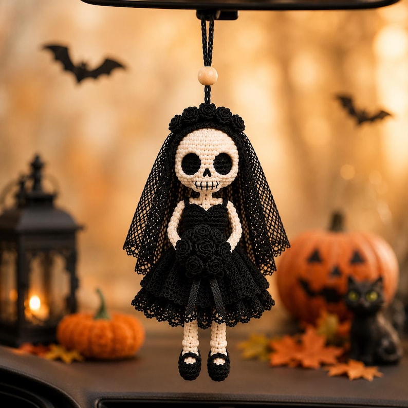 Crochet Skeleton Bride Car Hanger, Gothic Bride Keychain, Halloween Rear View Mirror Charm, Gothic Wedding Decor, Handmade Skeleton Doll