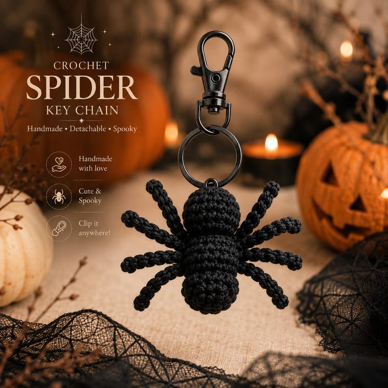 Crochet Spider Keychain, Spider Car Hanger, Halloween Crochet Spider, Gothic Car Charm, Spooky Backpack Charm, Handmade Gift