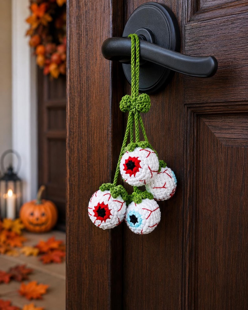 Halloween 2026 Crochet Car Charm, Eyeball Pumpkin Skull Mirror Hanging, Handmade Spooky Car Decor, Cute Amigurumi Halloween Gift