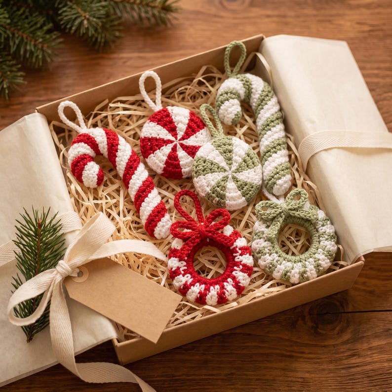 Crochet Christmas Ornament Set, Candy Cane and Peppermint Amigurumi, Mini Wreath Tree Decor, Handmade Holiday Ornament Set, Set of 6