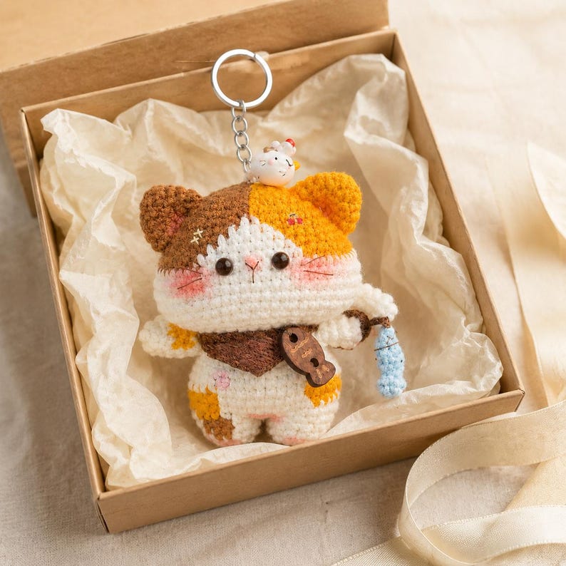 Calico Cat Keychain, Handmade Crochet Amigurumi, Cute Backpack and Car Key Charm