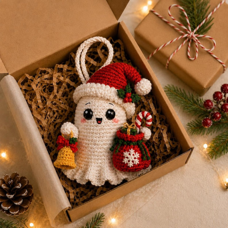 Crochet Ghost Car Charm, Handmade Christmas Mirror Accessory, Cute Holiday Car Decor, Amigurumi Ghost Hanging, Christmas Gift