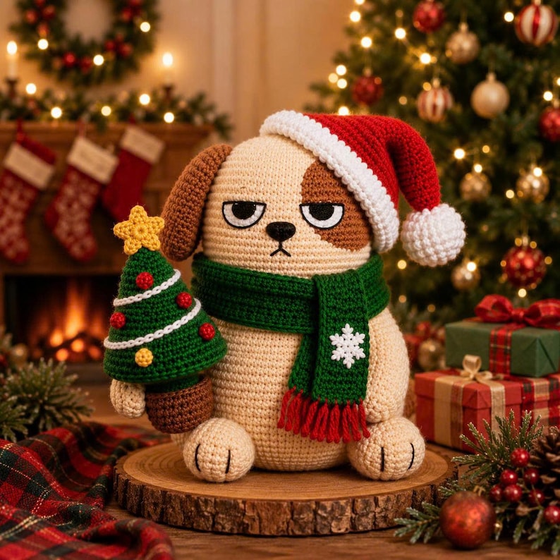 Christmas Crochet Cat Doll, Sleepy Dog Amigurumi, Santa Hat Plush Holding Tree, Funny Holiday Gift, Handmade Christmas Decor