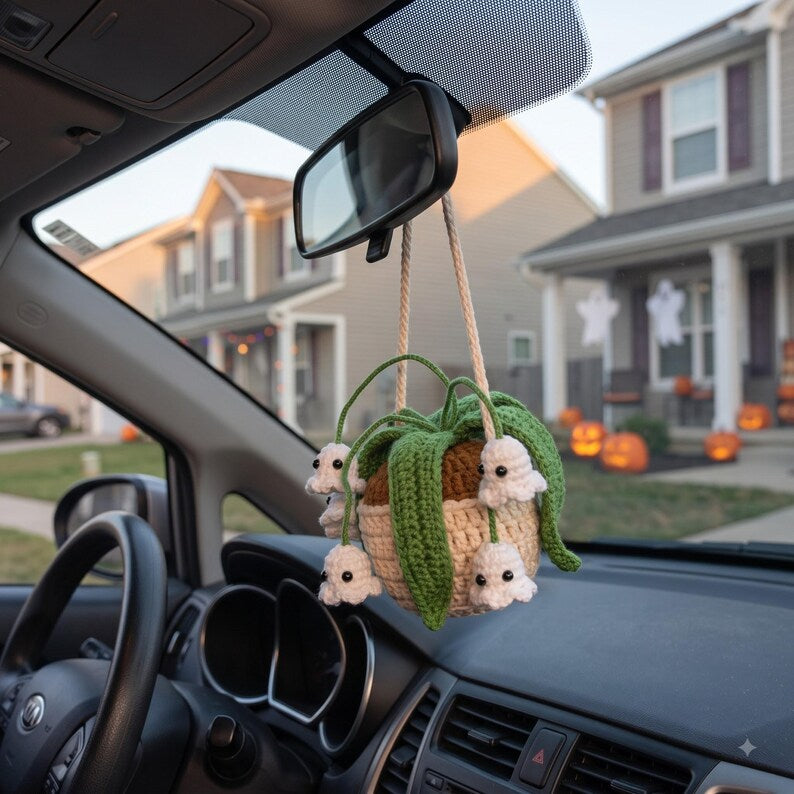 Handmade Crochet Ghost Car Charm with Mini Plant and Spooky Amigurumi Ghosts