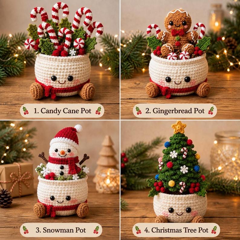 Crochet Christmas Pot Decor, Christmas Tree Candy Cane Gingerbread Snowman Amigurumi, Holiday Desk Decor, Handmade Christmas Gift