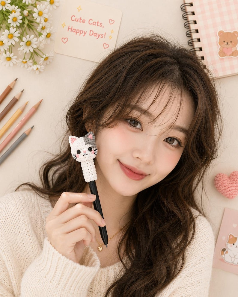 Crochet Cat Pen Topper, Cute Cat Pencil Topper, Kawaii Pen Sleeve, Handmade Teacher Gift, Student Desk Accessory, Cat Lover Gift