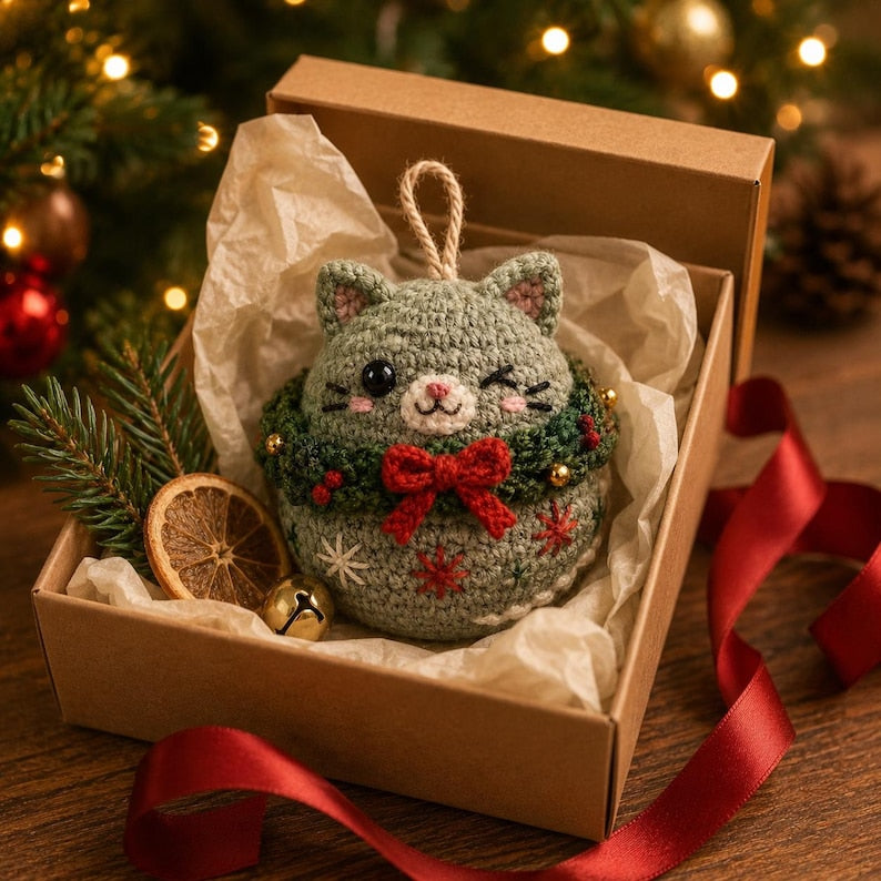 Crochet Christmas Cat Ornament, Handmade Kitty Tree Decor, Cute Cat Bauble, Holiday Cat Lover Gift, Christmas Tree Ornament