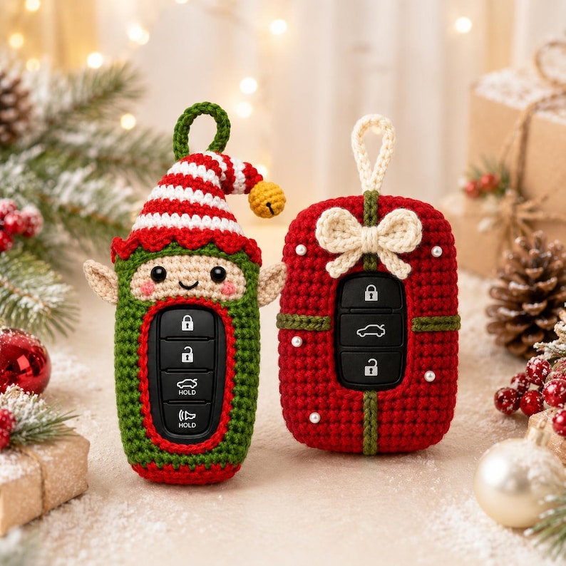 Christmas Car Key Cover, Crochet Key Fob Case, Santa Reindeer Snowman Ornament, Cute Holiday Car Accessory, Christmas Gift for Driver