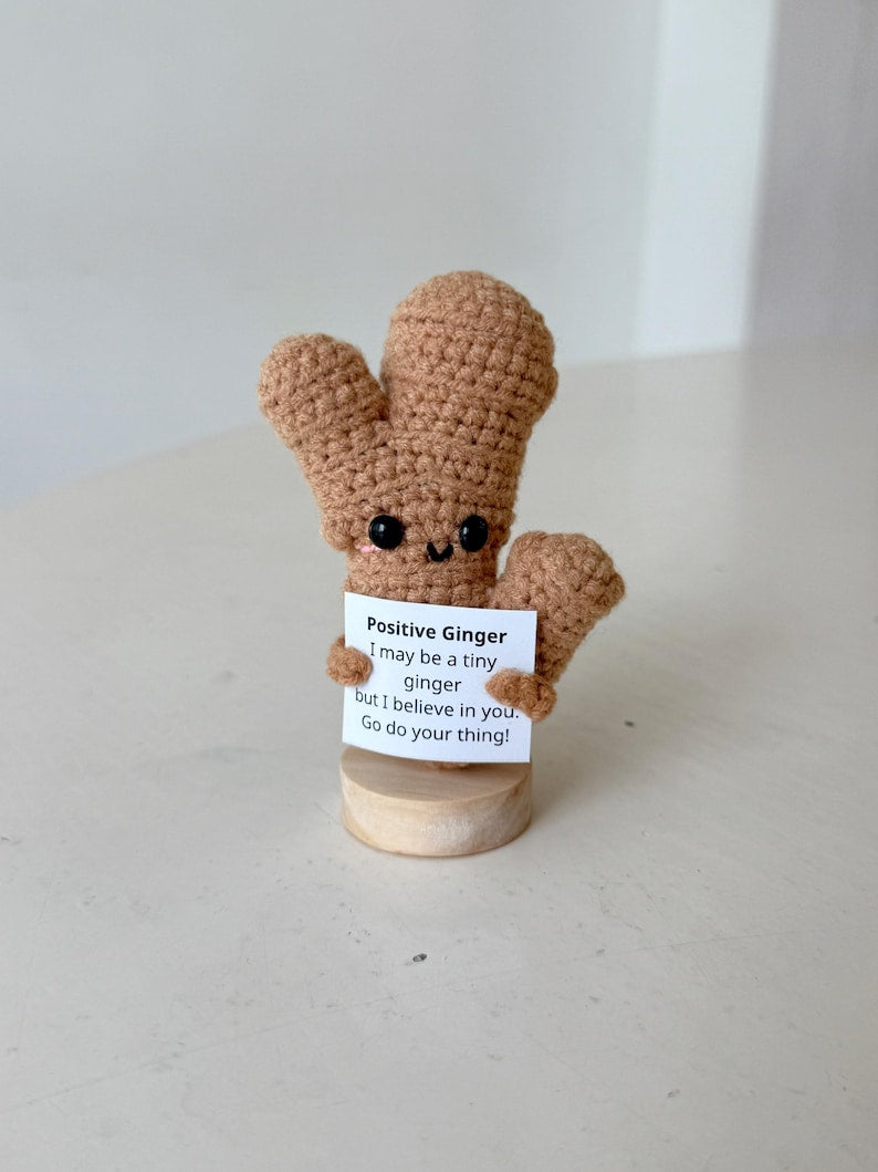 Funny Positive Ginger, Knitted Ginger Toy With Positive Card, Cute Wool Inspirational Ginger Crochet Vegetable Doll Cheer Up Gifts