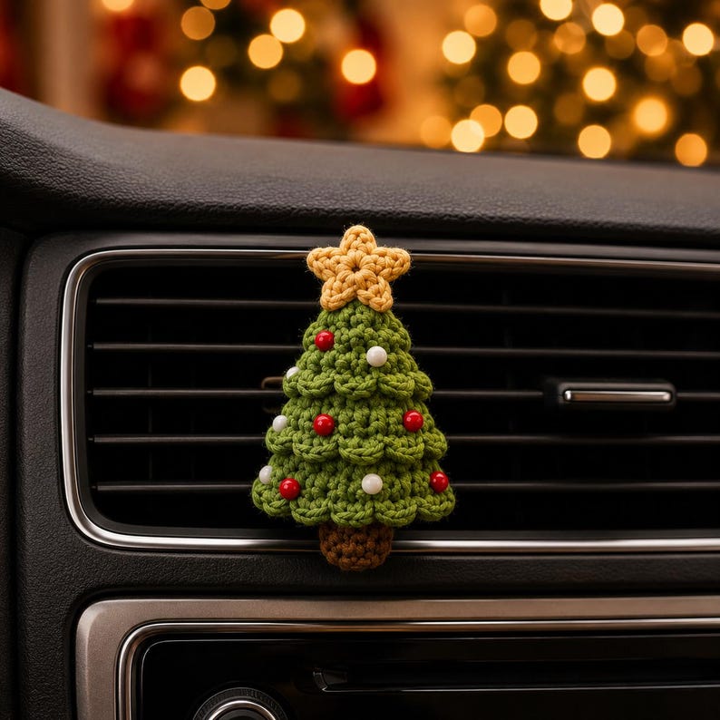 Crochet Christmas Car Vent Charm, Holiday Car Decor, Handmade Vent Clip, Christmas Ornament, Stocking Wreath Candy Cane Gift