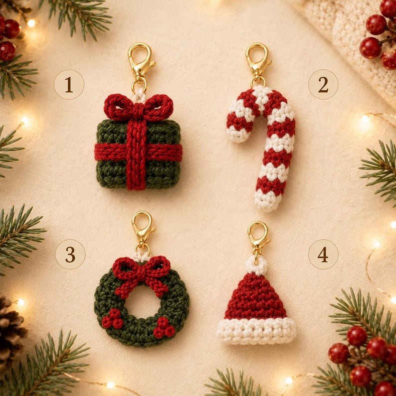 Crochet Christmas Dog Collar Charm, Pet Collar Accessory, Candy Cane Wreath Santa Hat Gift Charm, Handmade Holiday Dog Gift