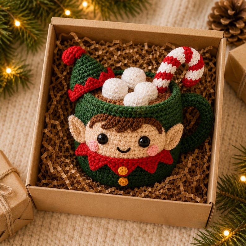 Crochet Christmas Mug Plush, Holiday Cup Decor, Elf Penguin Reindeer Snowman, Gingerbread Christmas Gift, Winter Home Decor