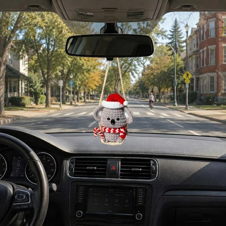 Crochet Koala Car Hanging, Christmas Car Decor, Cute Koala Rearview Mirror Charm, Handmade Animal Ornament, Holiday Gift
