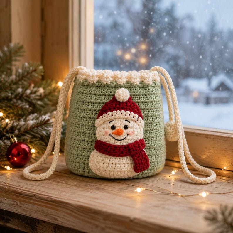 Crochet Christmas Crossbody Pouch, Handmade Holiday Drawstring Bag, Santa Snowman Reindeer Tree Bag, Christmas Gift