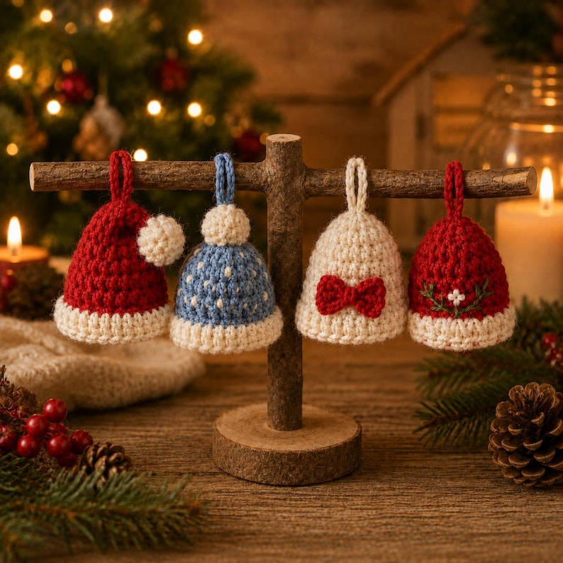 Crochet Christmas Hat Ornament, Mini Winter Hat Decor, Handmade Xmas Tree Ornament, Holiday Gift, Crochet Hat Charm, Christmas Decor