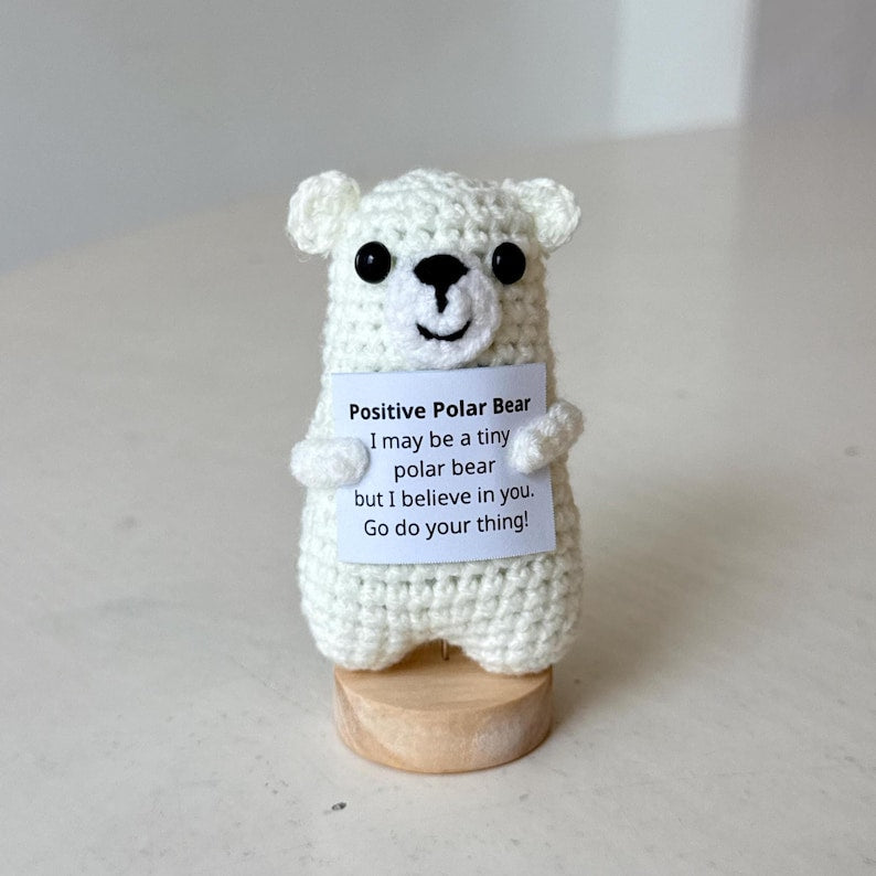 Crochet Polar Bear Positive With Desk Decorations, Supportive Polar Bear Plush, Birthday Gift, Gift For Children Family Friend Coworker
