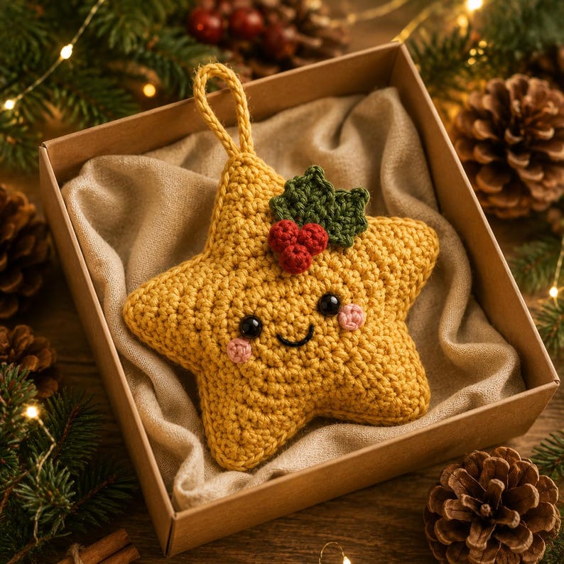 Crochet Christmas Star Ornament, Handmade Xmas Tree Decor, Kawaii Star Hanging, Holly Berry Ornament, Christmas Gift