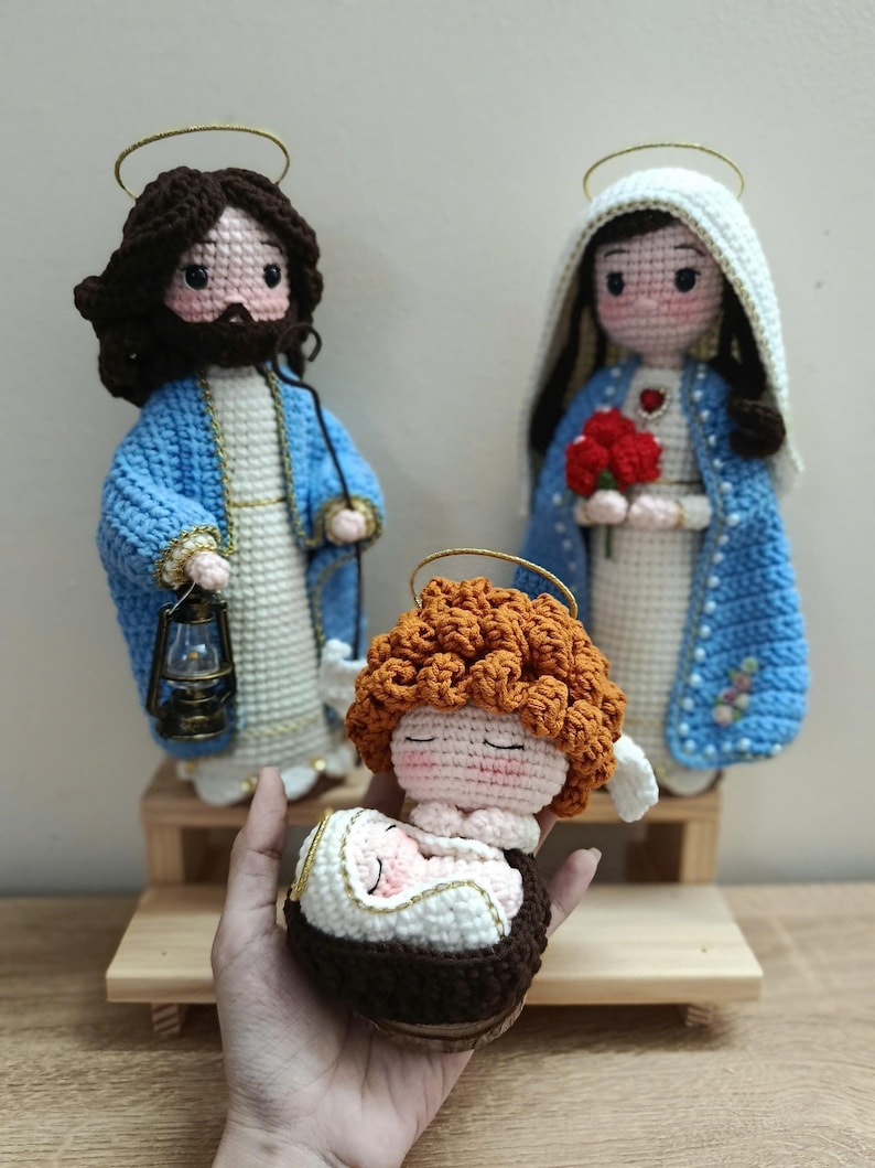 Crochet Holy Family Nativity Set, Handmade Religious Figurine Decor, St Joseph Virgin Mary Baby Jesus Gift, Christian Home Decor