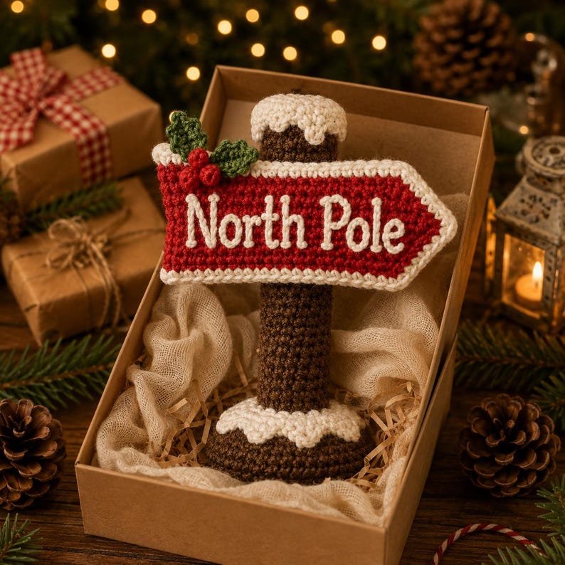 Crochet North Pole Sign, Christmas Signpost Decor, Handmade Xmas Table Decor, Holiday Centerpiece, Christmas Shelf Decor, Winter Gift