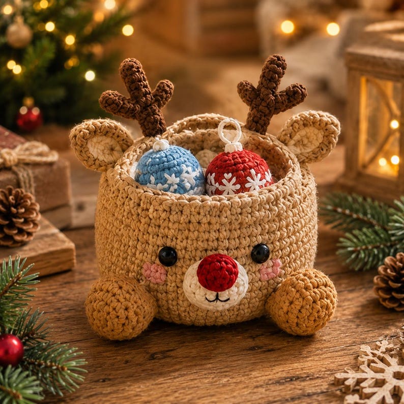 Crochet Christmas Basket, Holiday Gift Basket, Reindeer Santa Gingerbread Decor, Handmade Xmas Storage, Winter Crochet Gift