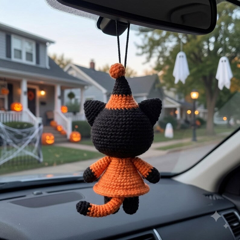 Halloween Crochet Cat Car Charm | Witch Hat Amigurumi Hanging Ornament | Kawaii Black Orange Rear View Mirror Decor