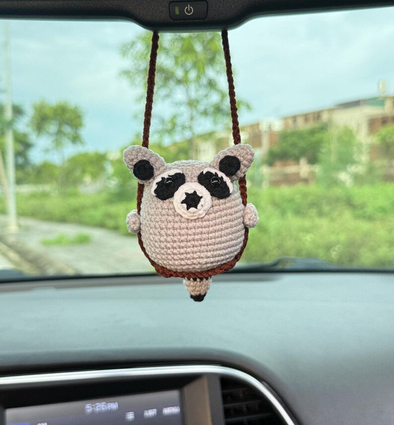 Cute Swinging Raccoon Car Mirror Hanging Accessories, Crochet Raccoon Ornaments, New Car Gift, Gift For Her, Car Decorations, Car Charm