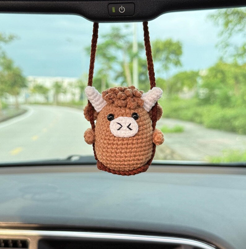 Cute Swinging Highland Cow Car Mirror Hanging Accessories, Crochet Highland Cow Ornaments, New Car Gift, Gift For Her, Car Decorations