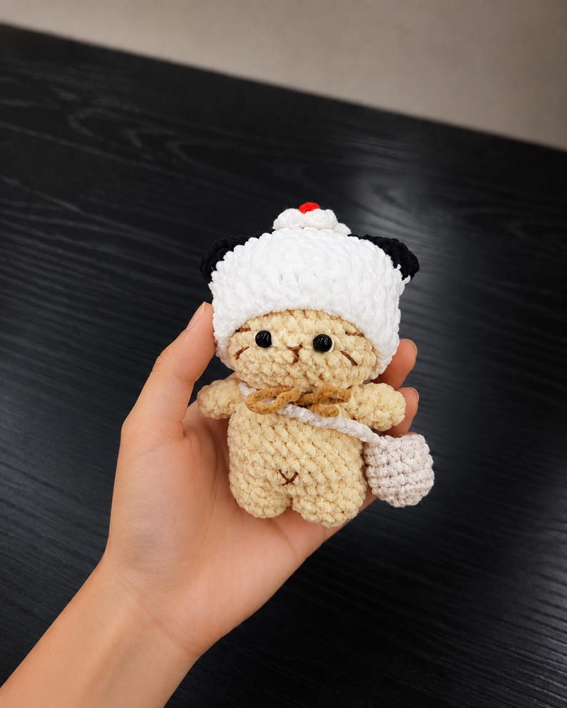 Crochet Cat Plush, Handmade Amigurumi Kitty with Strawberry Hat, Pudding Cat, Cat Keychain, Cute Gift for Her
