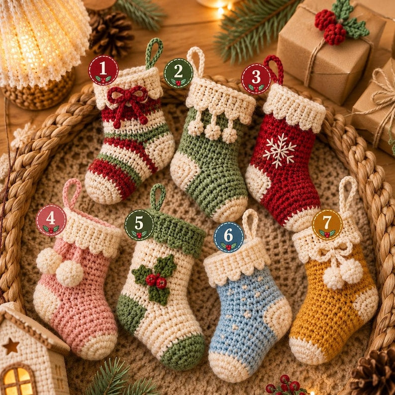 Crochet Christmas Stocking, Handmade Mini Stocking Ornament, Christmas Tree Hanging Decor, Holiday Stocking Gift, Crochet Xmas Decoration